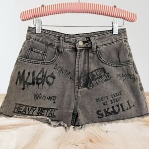 Romwe Grunge Punk Skull Shorts Womens Sz S Raw Edge Denim Shorts Gray Black